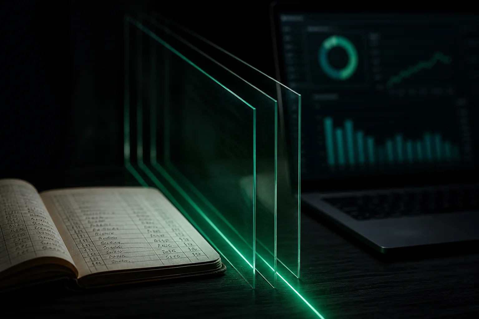 Glass panels separating a ledger book from a laptop on a dark desk