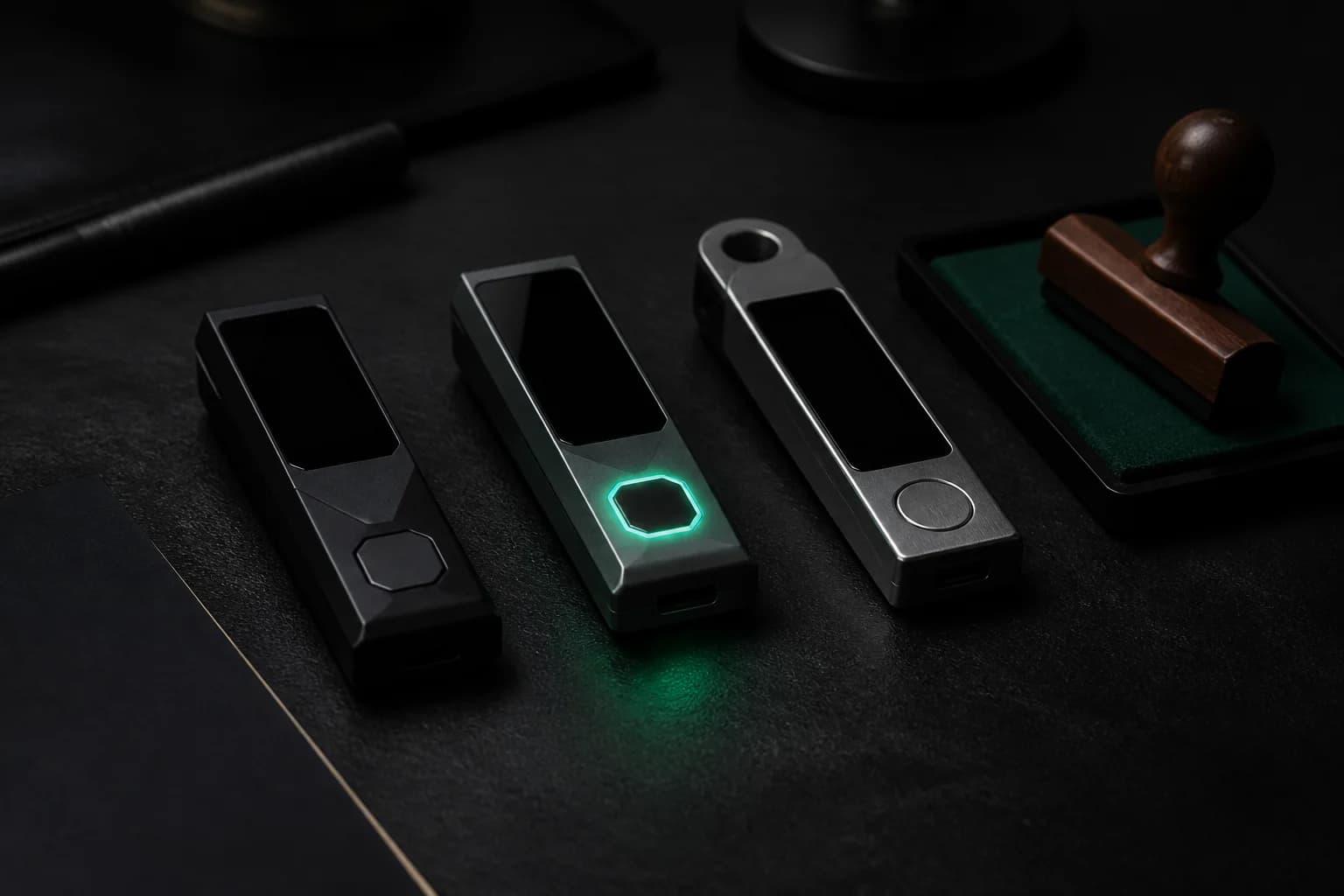 Three hardware wallets in a row with emerald accent glow and a stamp pad